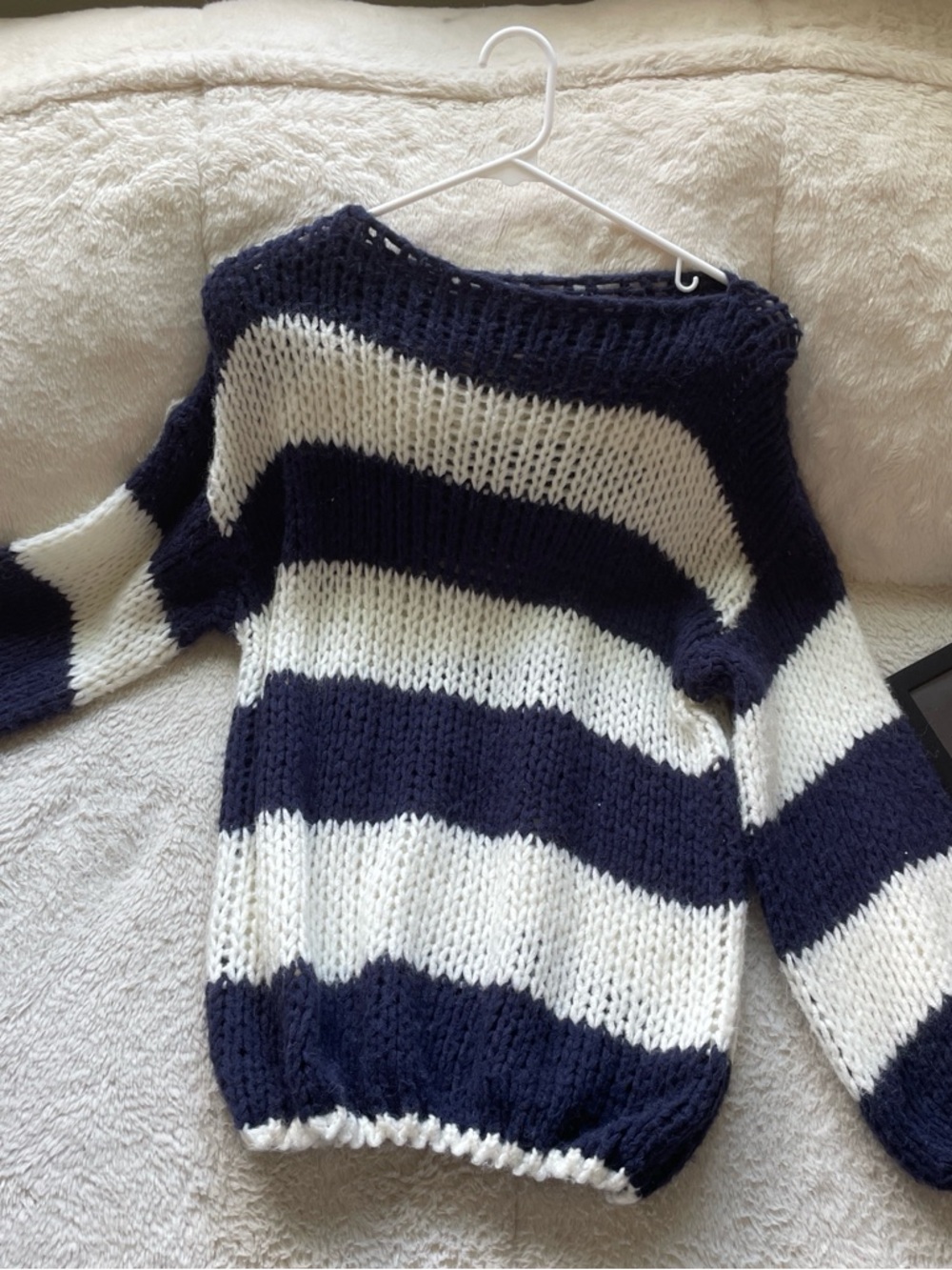 Brandy Melville Navy and White Off-Shoulder Stripe Sweater
